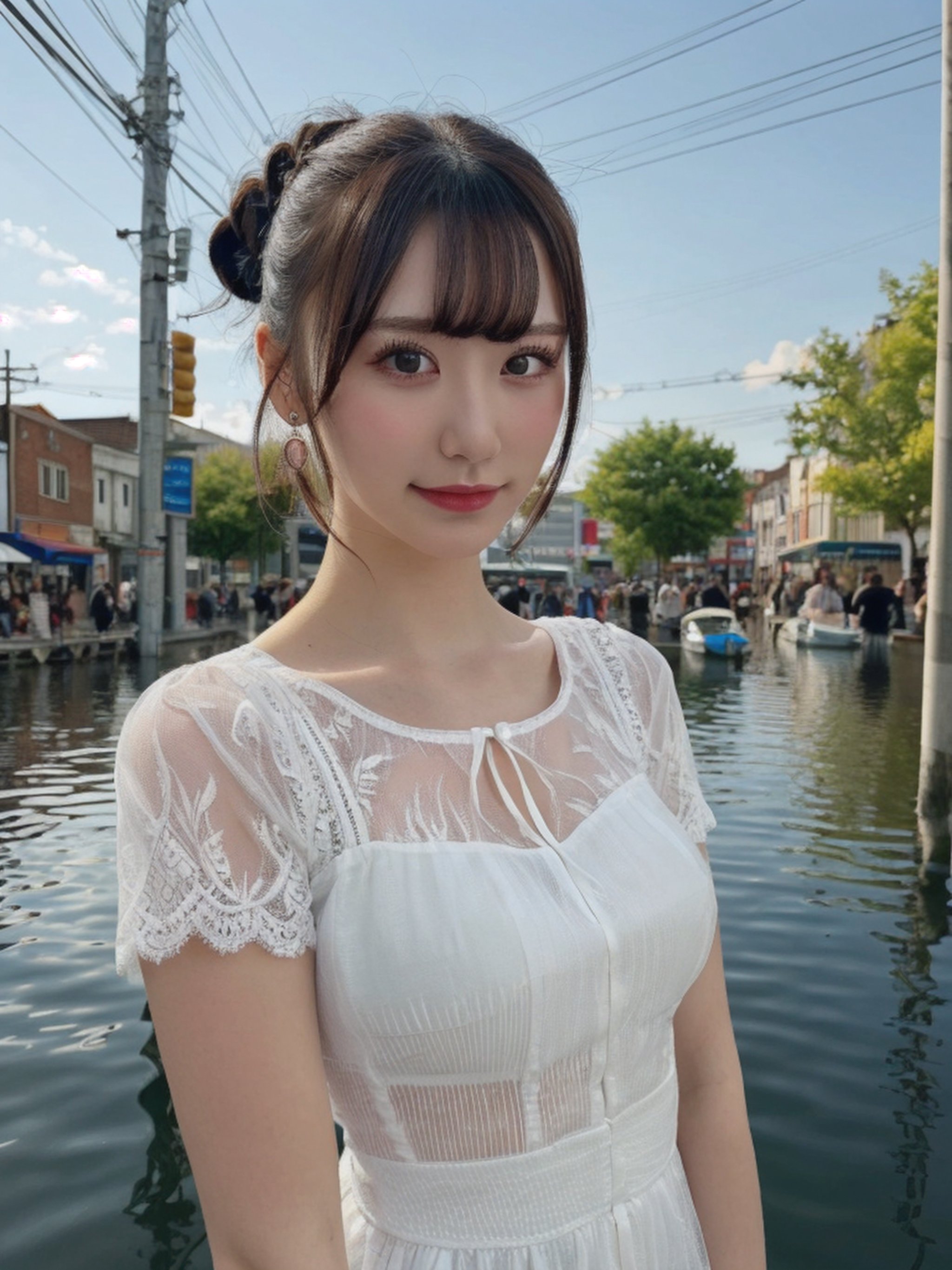 a woman posing on the street corner, best quality, 1girl, (gigantic breasts), day, bright, blur background, bokeh, outdoor, (street:0.8), (people, crowds:1), (lace-trimmed dress:1.5, see-through, no-sleeves dress), gorgeous, (floating hair, bangs, hair up:1.5), beautiful detailed sky, (beautiful earrings), (dynamic pose:1), (upper body:0.8), soft lighting, wind, shiny skin,