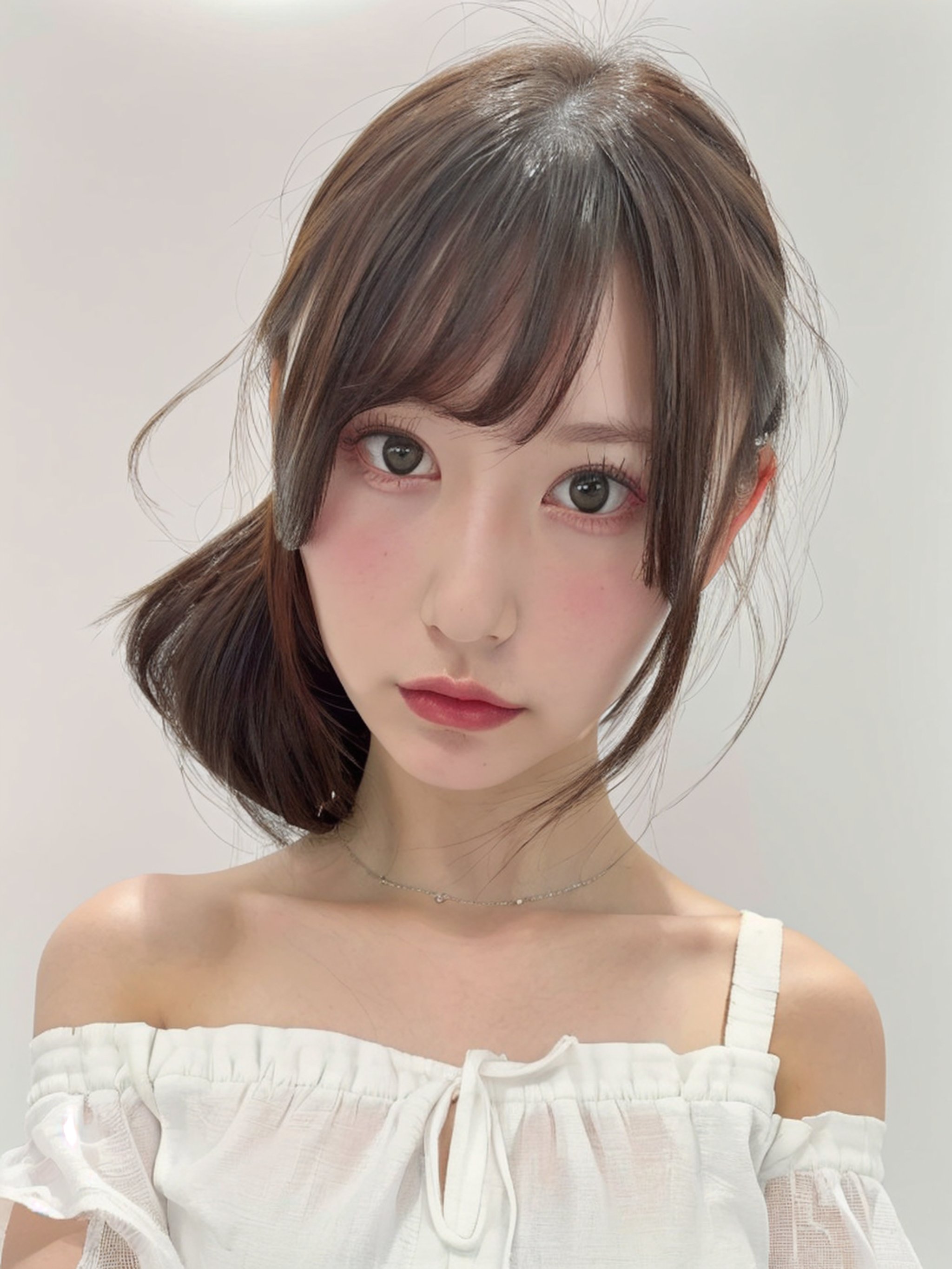 1girl, (age 13-16:1.4), gorgeous, (dynamic pose:0.8),studio lighting, white background, japanese teen top model, bang, hime haircut, heterochromia, white pastel off-shoulder dress,mikana_yamamoto, glasses