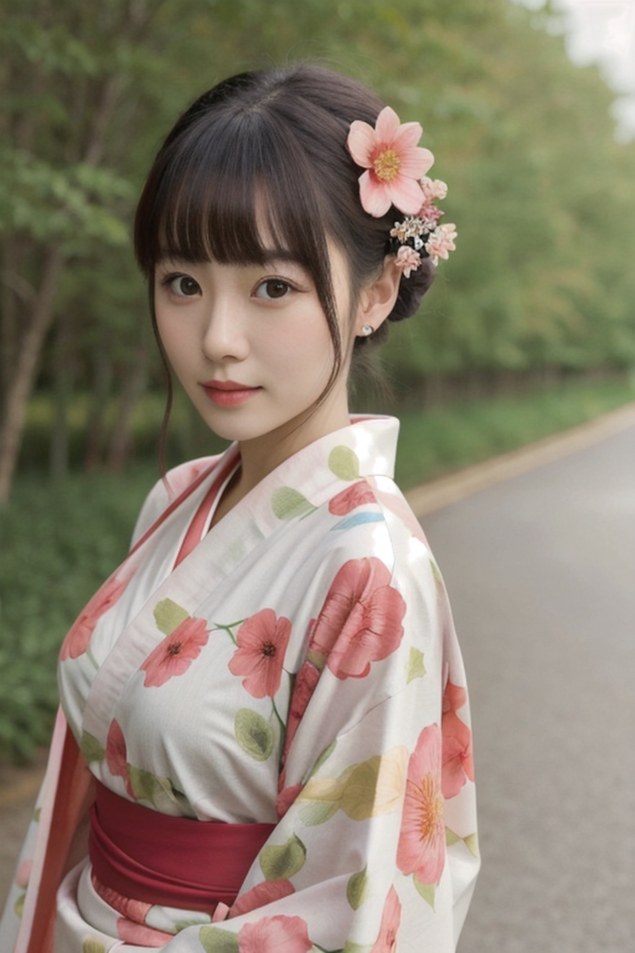 1girl, solo, outdoor, cute japanese model girl, kimono, floral print, hair ornament, looking at viewer, hair flower, brown eyes, bangs, masterpiece, best quality, realistic