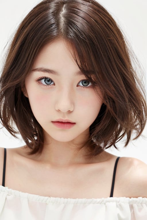 1girl, (age 11-14:1.4), gorgeous, (dynamic pose:0.8),(close-up),studio lighting, white background, japanese teen top model, bang, hime haircut, heterochromia, pastel off-shoulder dress,