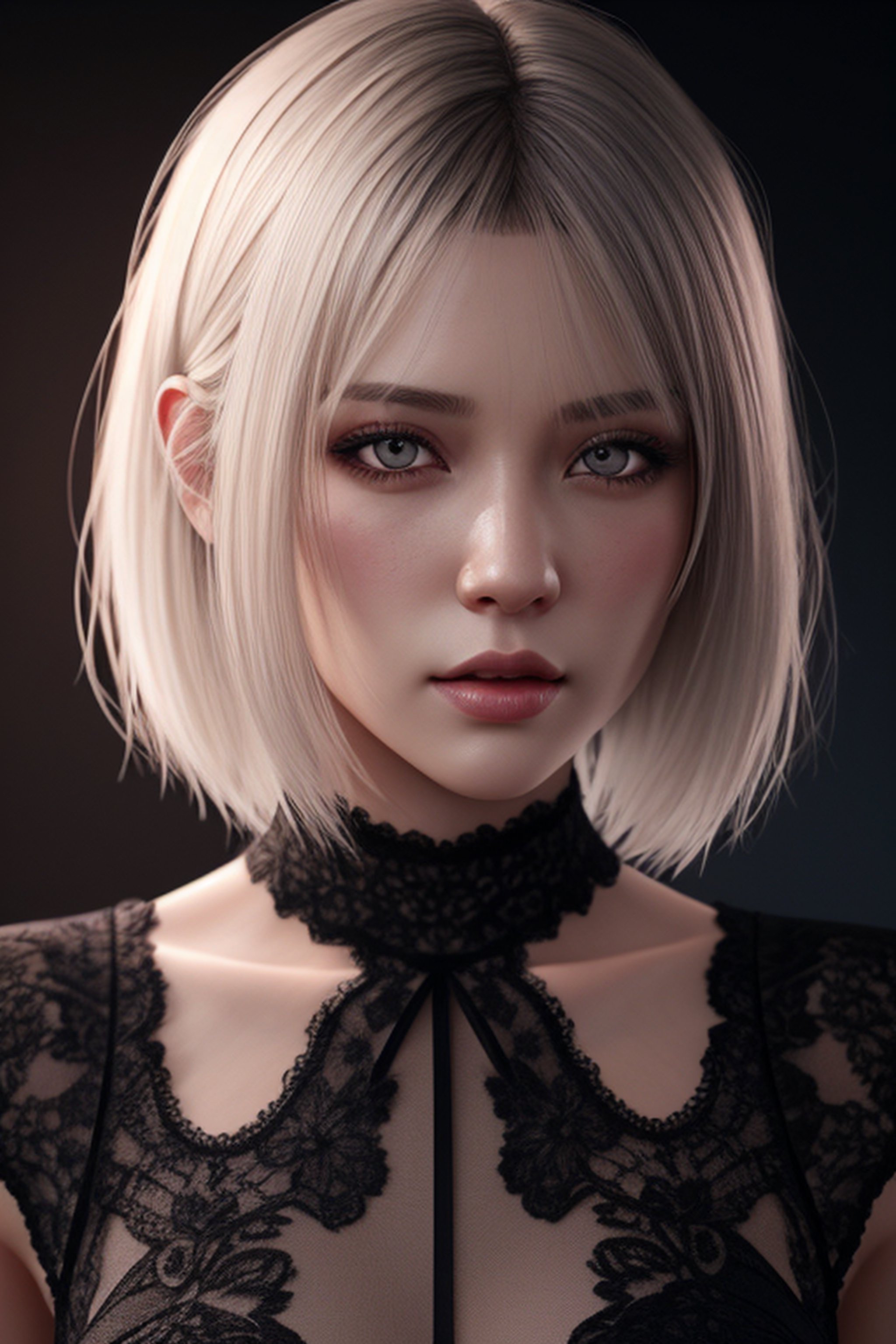 Best quality, best illustration, best lighting, incredible quality, highly detailed 8k CG wallpaper, detailed eyes, detailed face, detailed hair, a beautiful girl, short white hair with bangs, lilac eyes, fair skin, wearing a black silk dress with lace, dark background scenery, low lighting, portrait format.