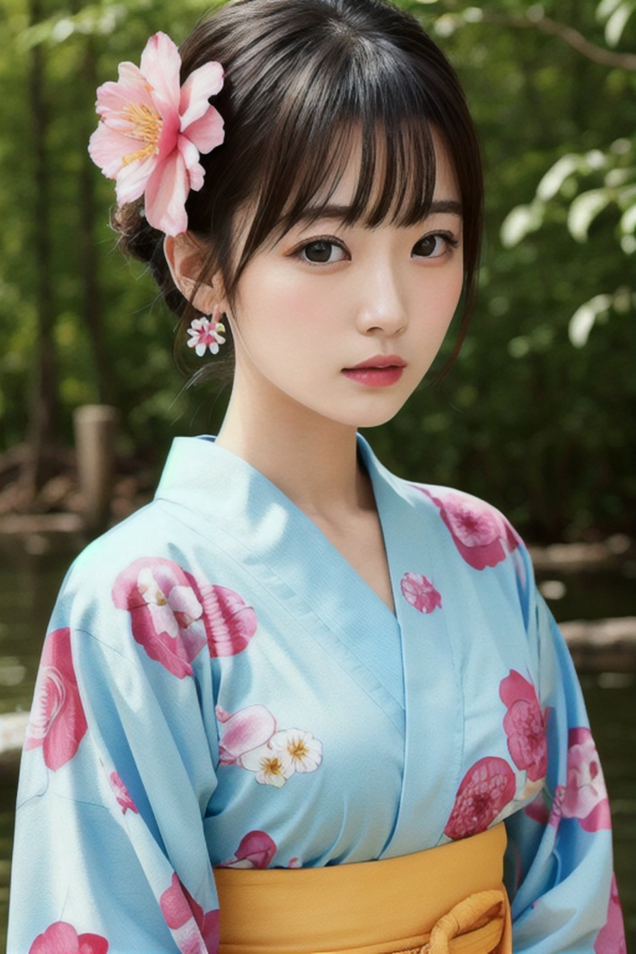 1girl, solo, outdoor, cute japanese model girl, kimono, floral print, hair ornament, looking at viewer, hair flower, brown eyes, bangs, masterpiece, best quality, realistic