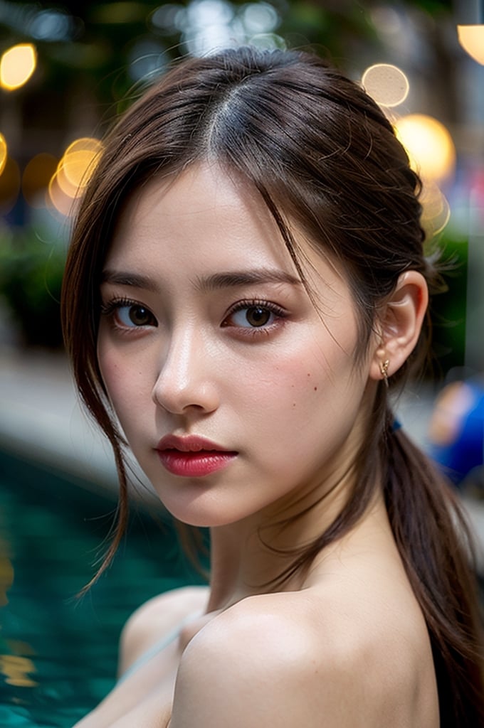 1 young girl, (Best Quality:1.4), 8K resolution, High resolution, (Photorealistic, High resolution:1.4), Raw photo, (Realistic, Photorealsitic:1.37), (Beautiful big breasts:1.1), Gloss on lips, Parted lips, Staring at me, Nose, Realistic, pool, depth of field, face light, (((bokeh))),taaarannn