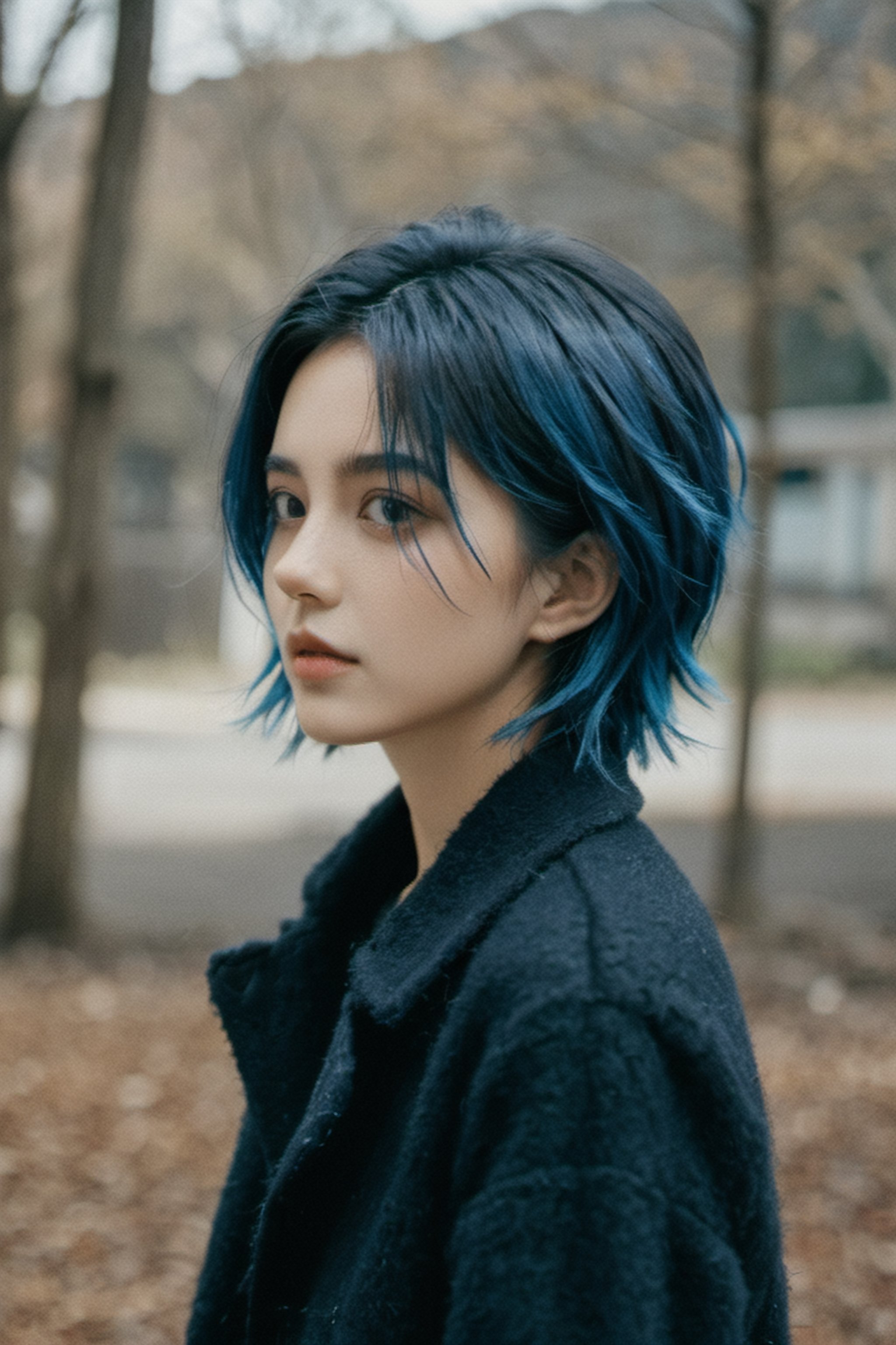 xxmix_girl,1girl,fluffy short hair,dark theme,blue hair,messy hair,film grain,