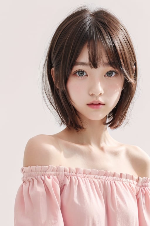 1girl, (age 11-14:1.4), gorgeous, (dynamic pose:0.8),(close-up),studio lighting, white background, japanese teen top model, bang, hime haircut, heterochromia, pastel off-shoulder dress,