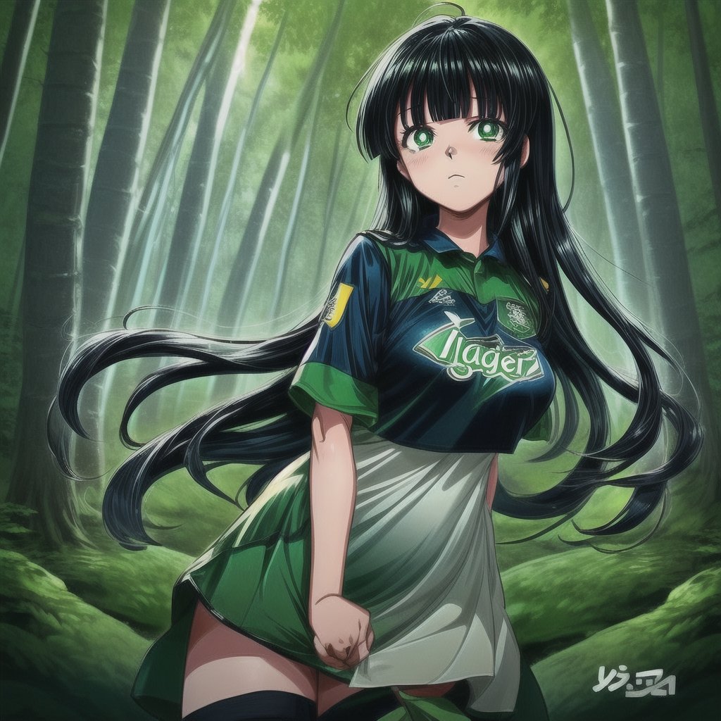 Create a detailed illustration of a charming anime-styled waifu girl, aged 16–20, wearing a green sports jersey with the text "BANGLA" written in the middle. She has jet-black hair of layers and curtain bangs, large wide sparkling eyes, and stands in front of a forest