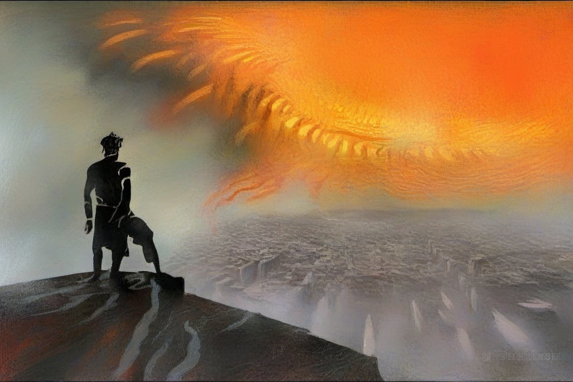 Description: Create an image reminiscent of "The Wanderer above the Sea of Fog," but with a dystopian twist. Replace the serene sea of fog with a sprawling, burning cityscape in the background. The focus of the image should be on a lone figure standing atop a high vantage point, gazing down upon the chaos and destruction below. The figure exudes a sense of contemplation, resilience, and perhaps even detachment in the face of the apocalyptic scene.

Composition:

Background Cityscape: The city stretches out in the distance, engulfed in flames and billowing smoke. Skyscrapers and buildings are partially obscured by the thick smoke, with flickering flames casting an eerie glow on the surroundings. The cityscape should evoke a sense of destruction, chaos, and impending doom.

Burning Details: Show buildings fully ablaze, with flames reaching into the sky. Smoke should obscure parts of the city, contributing to the overall atmosphere of chaos. The glowing embers and the contrast between fire and darkness should be prominent.

Distant Horizon: Depict a dark, foreboding horizon where the city meets the unknown. This horizon should blend into the sky, which is tinged with a deep mix of oranges, reds, and blacks, signifying the intensity of the fire.

Solitary Observer: The central figure stands on a rocky outcrop or elevated platform at the edge of the image. The person's back is to the viewer, and they're gazing down at the city with a mixture of awe, sadness, and contemplation. Their posture should convey a sense of strength and determination, despite the despair around them.

Silhouette: The figure's silhouette should be well-defined against the fiery backdrop. The outline of their form should be visible, with subtle details hinting at their clothing and stance. Their posture should mirror that of the wanderer in the original painting, exuding a similar sense of introspection and solitude.

Clothing and Accessories: Dress the figure in clothing that's both practical and slightly worn, suggesting that they've been through their share of challenges. Accessories like a tattered scarf or a worn bag could enhance their character and story.

Lighting and Contrast: Play with the interplay of light and shadow. The fire's glow should cast highlights and shadows on the figure's silhouette, emphasizing their presence and creating a sense of depth within the image.

Mood: The mood of the image should convey a mix of emotions, including awe, melancholy, resilience, and contemplation. The juxtaposition of the solitary observer against the chaos of the burning city should evoke a sense of both personal reflection and the broader impact of their actions or decisions.

Color Palette: Dominated by deep oranges, reds, and blacks, with touches of warm, muted tones to accentuate the fire's glow and the figure's silhouette.

Overall, the image should capture the essence of a lone individual confronting the consequences of a world in turmoil, echoing the emotional depth of "The Wanderer above the Sea of Fog" while adding a dystopian and apocalyptic twist.