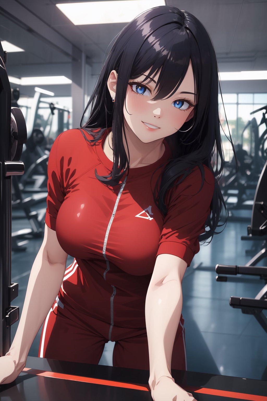 1girl, blue eyes, dark blue hair, red suit, smirk, self_shot, gym background, ((masterpiece, best quality, highres:1.4)), vibrant, 8k, fine details, perfect anime anatomy,cloudstick