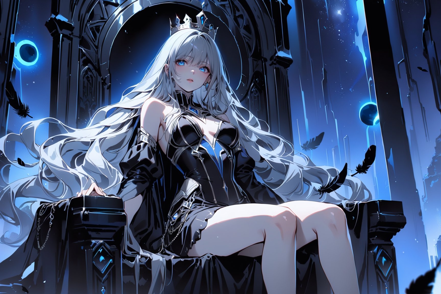 (((masterpiece))),best quality, highres, illustration,((extremely beautiful detailed eyes and intricate eyes:1.5)),

1girl, solo, bare shoulders, flat_chst, cold face, very long blue and sliver hair, floating black feathers, wavy hair, black and white sleeves, gold and sliver fringes,

a blackhole behind the girl, a silver triple crown inlaid with obsidian,(sit) on the black ((throne)), (depth) of (field),niji6,more detail XL