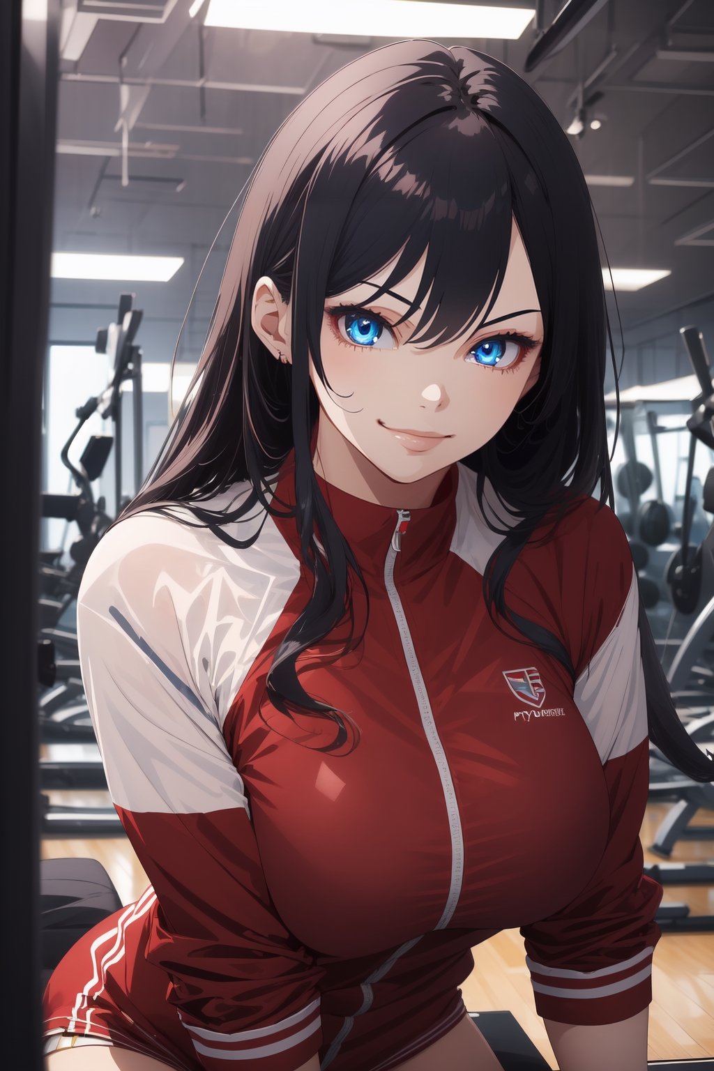 1girl, blue eyes, dark blue hair, red suit, smirk, self_shot, gym background, ((masterpiece, best quality, highres:1.4)), vibrant, 8k, fine details, perfect anime anatomy,cloudstick