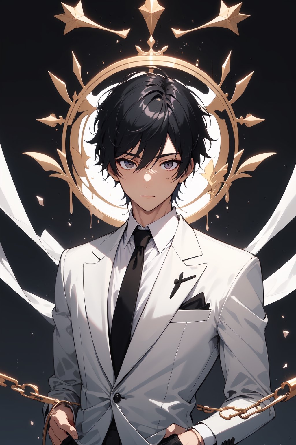 1boy, male_focus, handsome, BREAK, (black hair, white eyes, black suit with sliver line, black tie, black pants:1.44), upper body, fantasy, BREAK, (masterpiece, best quality, highres:1.4), 4k, perfect anime anatomy, balanced, harmony,midjourney, genshin