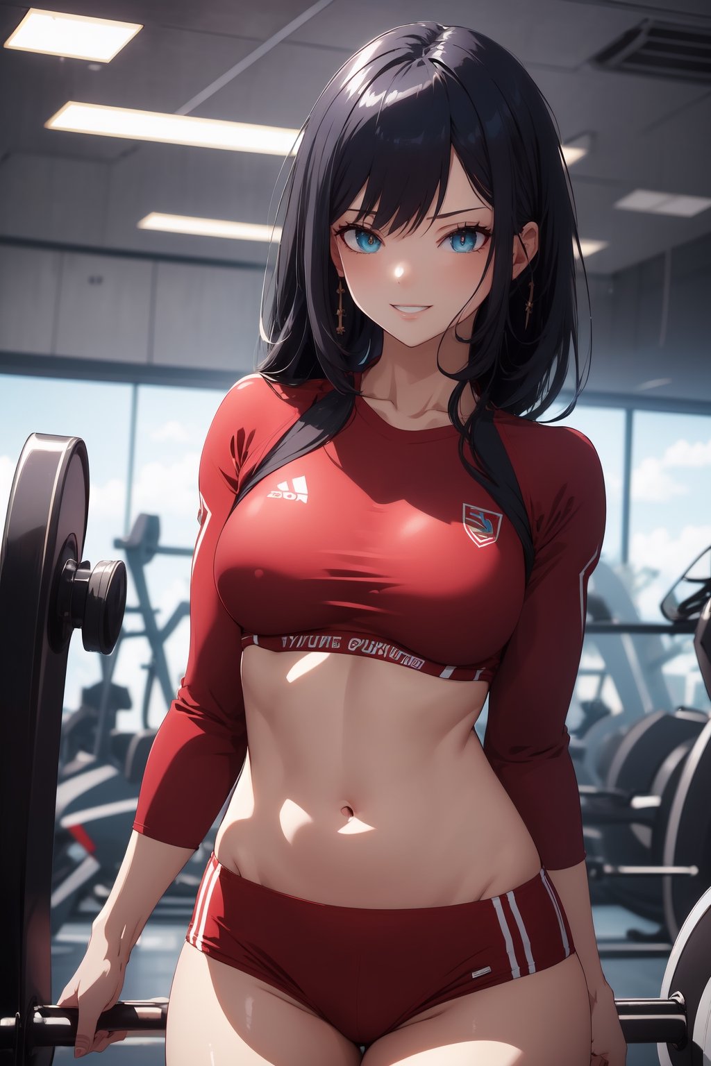 1girl, blue eyes, dark blue hair, red suit, smirk, self_shot, gym background, ((masterpiece, best quality, highres:1.4)), vibrant, 8k, fine details, perfect anime anatomy,cloudstick