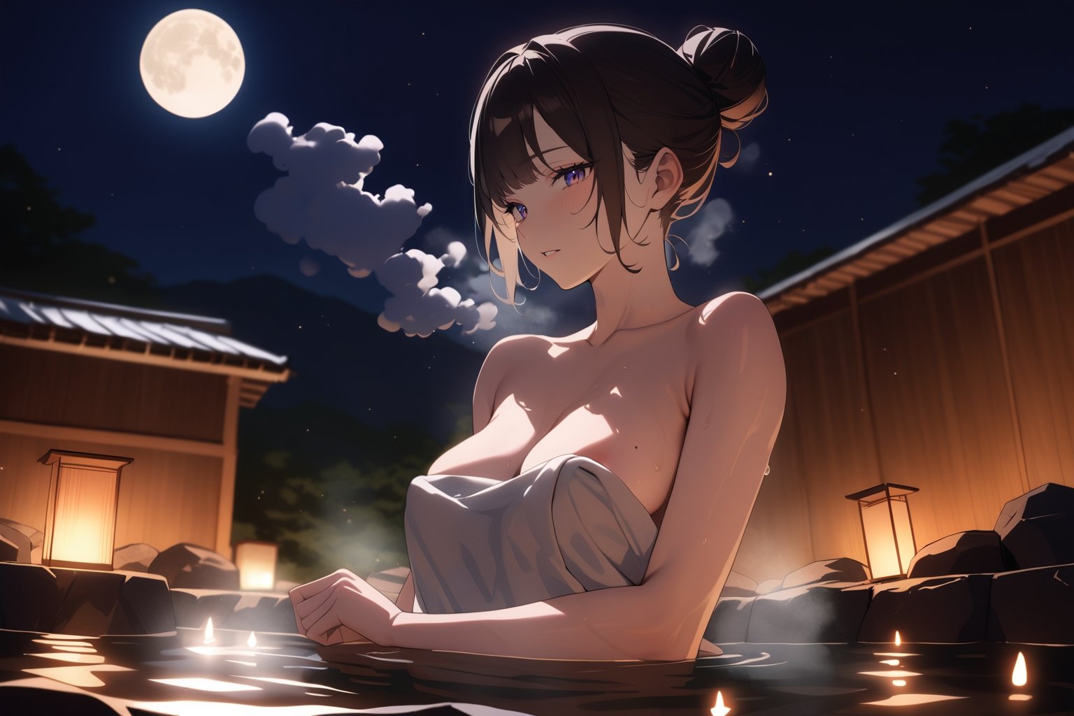 ((masterpiece, best quality)), rating: explicit, nfsw, newest, perfect face, niji6, 8k, 1girl, mole on breasts, 2d, a girl bathing in hot spring , bath towel, 21 years old, outdoors, moon night, dim lighting, single hair bun, medium breasts, onsen, onsen symbol, light particles, posed body, ((water vapor, steam)), depth of field,eternum style