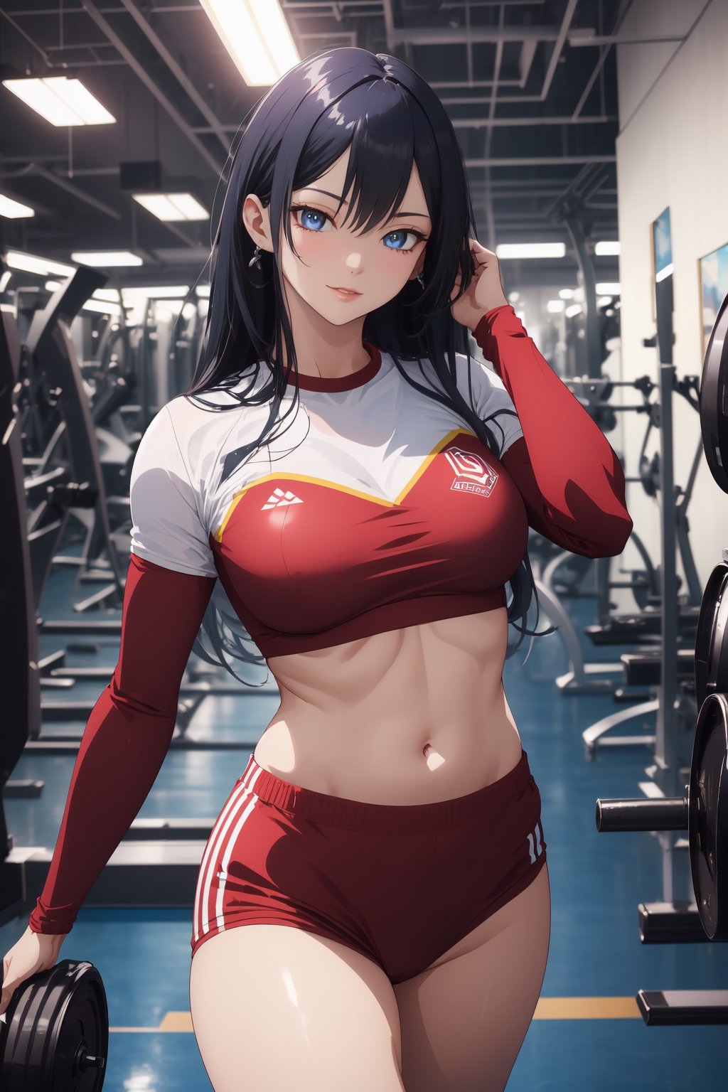 1girl, blue eyes, dark blue hair, red suit, smirk, self_shot, gym background, ((masterpiece, best quality, highres:1.4)), vibrant, 8k, fine details, perfect anime anatomy,cloudstick