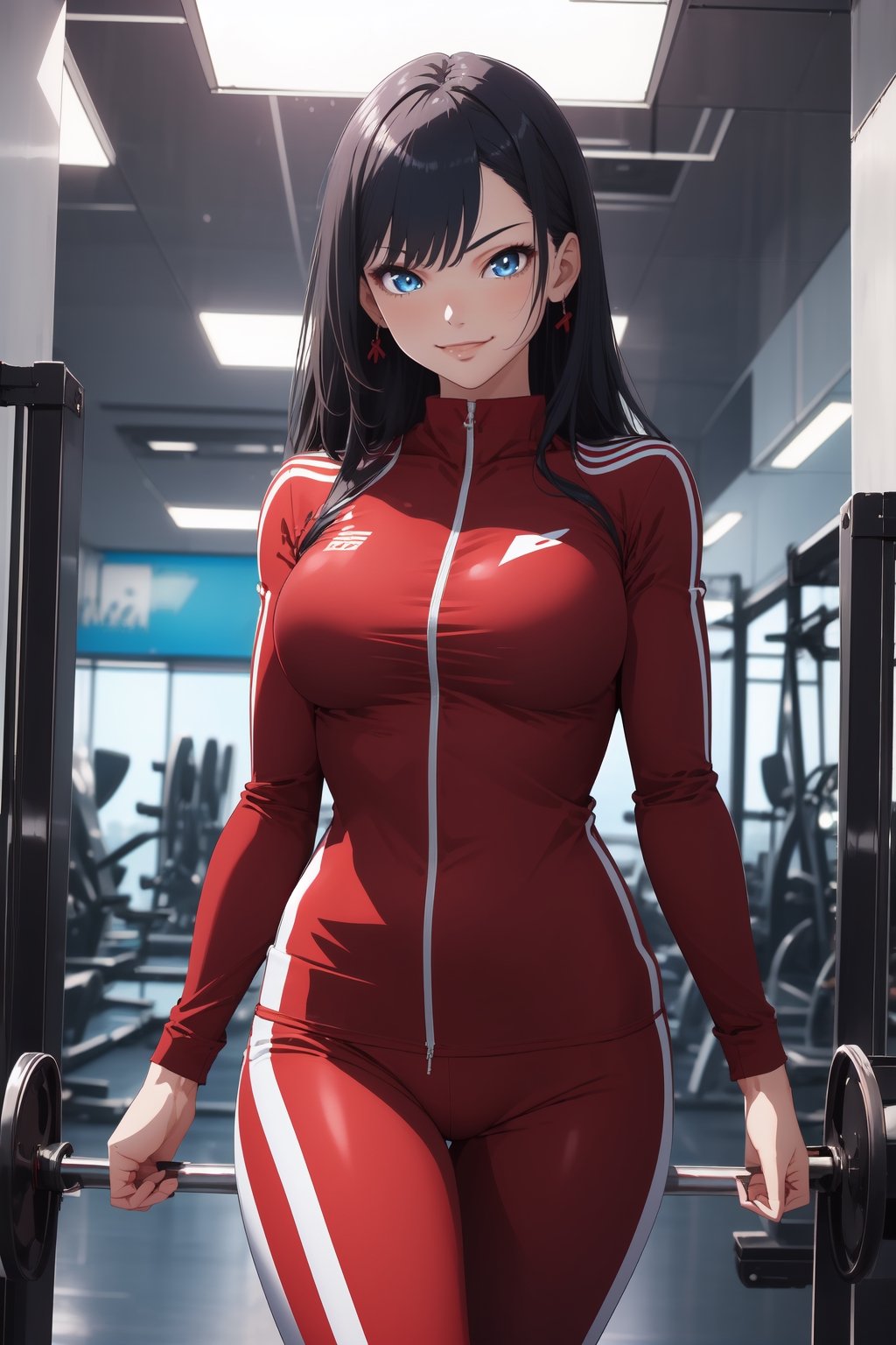 1girl, blue eyes, dark blue hair, red suit, smirk, self_shot, gym background, ((masterpiece, best quality, highres:1.4)), vibrant, 8k, fine details, perfect anime anatomy,cloudstick