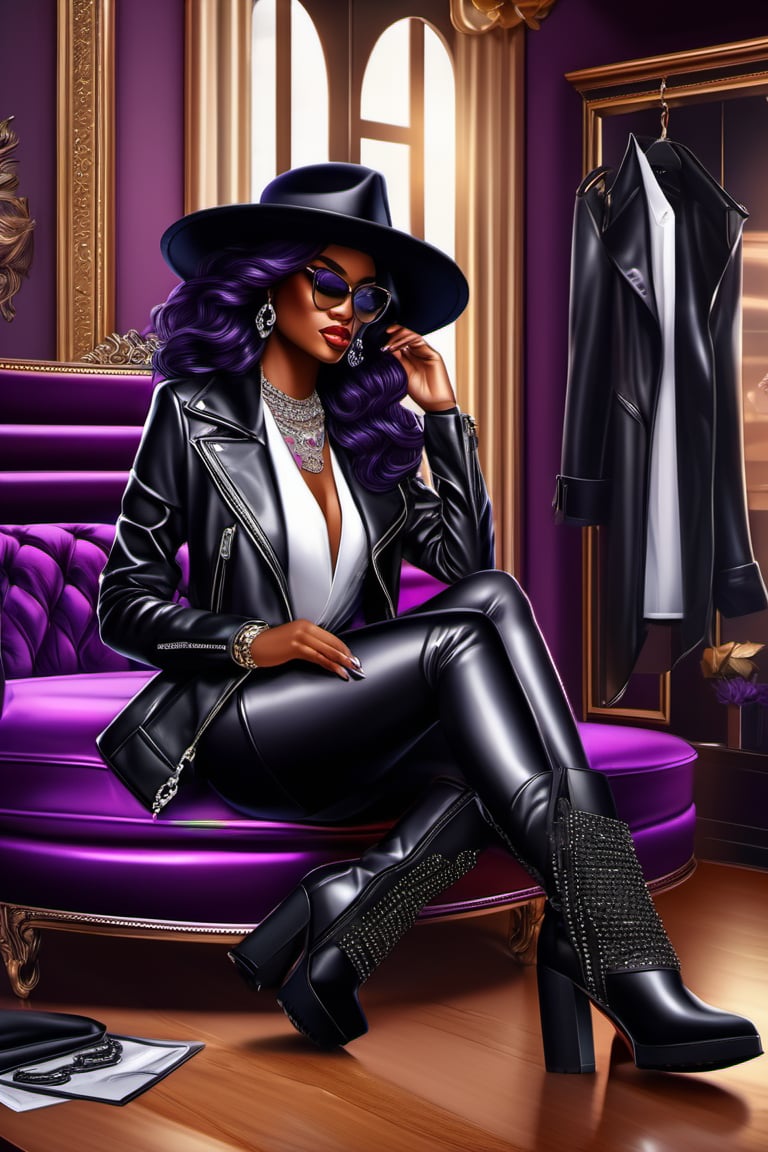 black female, pretty bad boss, medium size body, putting on black hat, white purple shirt,  black leather jacket, black boots,  holding bag, diamond neck chain, in a luxurious house, ultra detailed, ultra accurate detailed, surrealism,  realistic, 