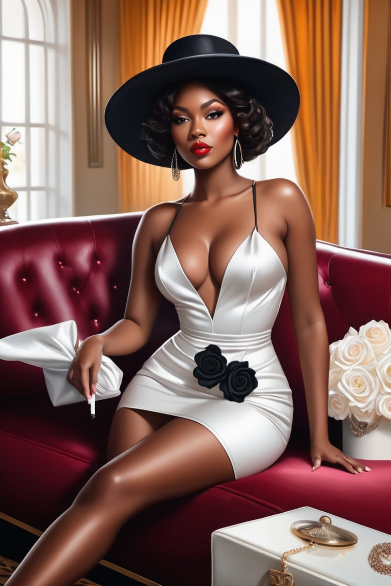 

black female, pretty lady, big size body, putting rose elegante silky dress, black hat, white boots, holding white bag, in a luxurious house, sitting on a leather sofa, smoking cigarette, ultra detailed, ultra accurate detailed, surrealism, realistic, 