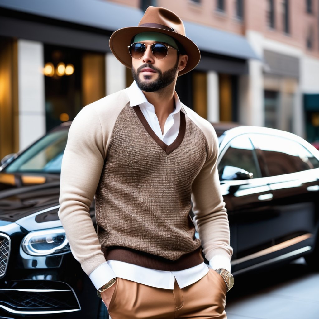 Male, handsome, average size, with beard, elegante, clear eyes, clear face,  putting on elegante  brown check sweater, brown material trousers, wearing sunglasses, putting on hat, elegante shoes, in action Position, beautiful hotel with luxury cars in New York background, expression, a mix of awe and mystery, Photography, using a DSLR with a 50mm lens at f/2.8, ultra accurate, ultra accurate detailed,  detailed, surrealism, realistic, very very clear picture,