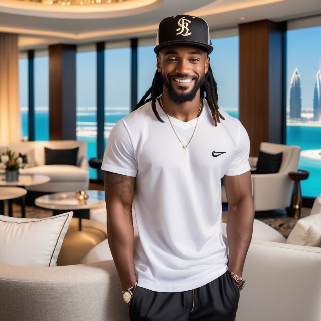 Male, african, dreadlock, beard face, smiling face, handsome, clear eyes, clear face, wearing white t-shirt, earrings, black linen trouser, wearing black baseball cap, shoes, luxury hotel lounge in dubai background, realistic, action Position, very very real, a mix of awe and mystery, Photography, using a DSLR with a 50mm lens at f/2.8, ultra accurate, ultra accurate detailed,  detailed, surrealism, realistic, very very clear picture,