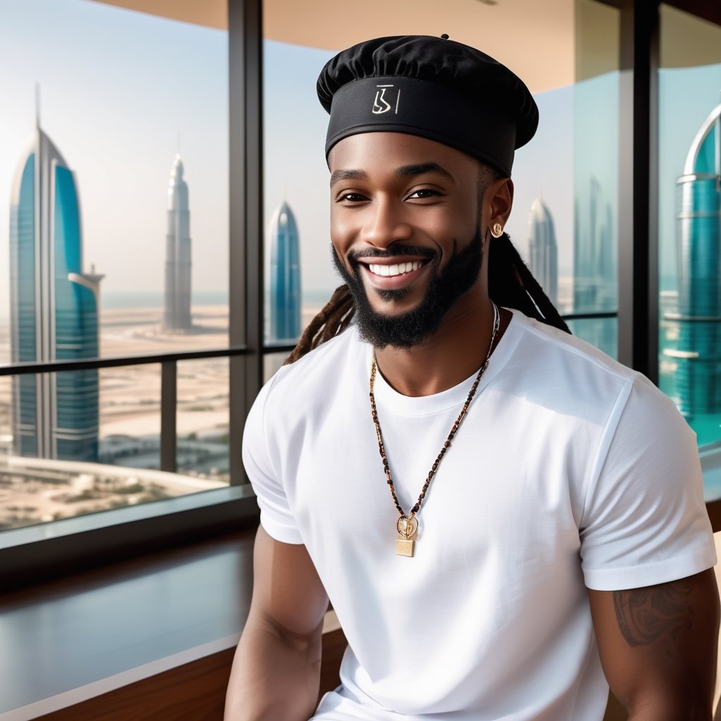 Male, african, dreadlock, beard face, smiling face, handsome, clear eyes, clear face, wearing white t-shirt, earrings, black linen trouser, wearing black face cap, shoes, luxury hotel lounge in dubai background, realistic, action Position, very very real, a mix of awe and mystery, Photography, using a DSLR with a 50mm lens at f/2.8, ultra accurate, ultra accurate detailed,  detailed, surrealism, realistic, very very clear picture,