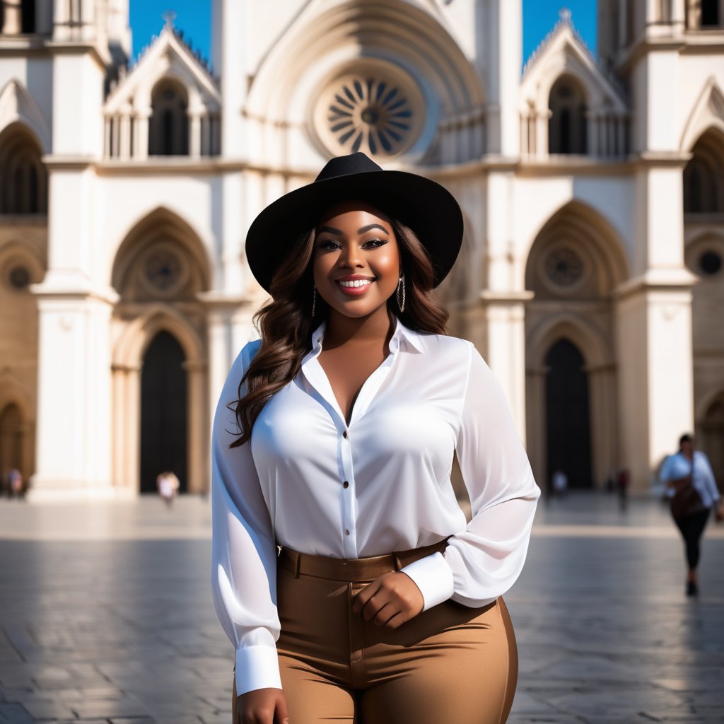 

 Brown skin Woman, pretty brown skin woman, plus size,  elegante, plus size curvy, clear eyes, clear face, smiling face,  putting on elegante  white silky shirt, black cloth trousers, putting on hat, black boot, holding designer bag, in front of a cathedral, busy cathedral,  in Italy, 
 expression, a mix of awe and mystery, Photography, using a DSLR with a 50mm lens at f/2.8, ultra accurate, ultra accurate detailed,  detailed, surrealism, realistic, 