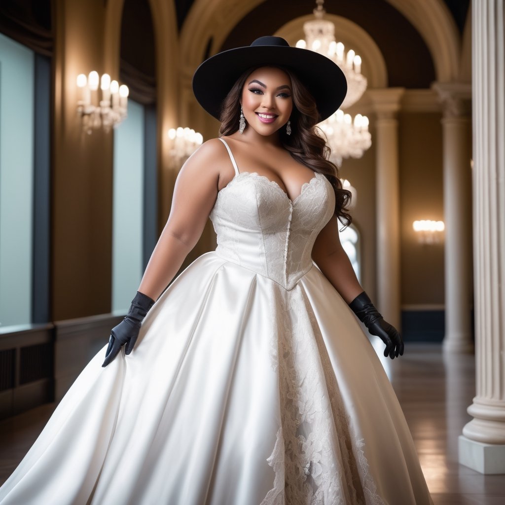  Female, attractive, beautiful, plus size, curvy, clear eyes, clear face, smiling face, wearing satin lace white long ballgown,  gloves, hat, high-heeled  boots, in a museum, action Position, wide angle,  very very real, a mix of awe and mystery, Photography, using a DSLR with a 50mm lens at f/2.8, ultra accurate, ultra accurate detailed,  detailed, surrealism, realistic, very very clear picture,