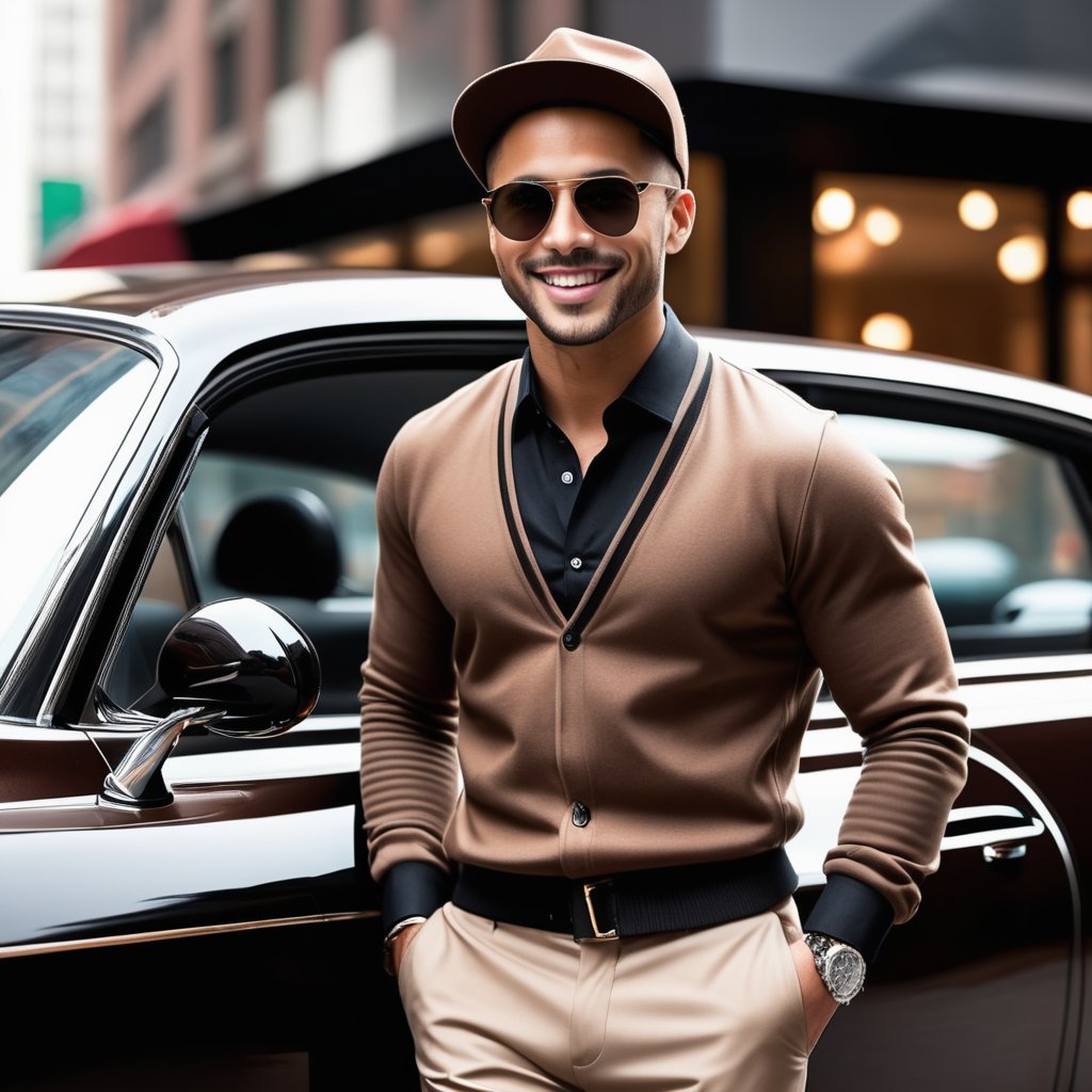 Male, handsome, average size,  elegante, clear eyes, clear face, smile face, putting on elegante  brown check pullover, brown material trousers, wearing sunglasses, putting on hat, elegante shoes, in front luxury black car, beautiful hotel in New York background, action Position, expression, a mix of awe and mystery, Photography, using a DSLR with a 50mm lens at f/2.8, ultra accurate, ultra accurate detailed,  detailed, surrealism, realistic, 