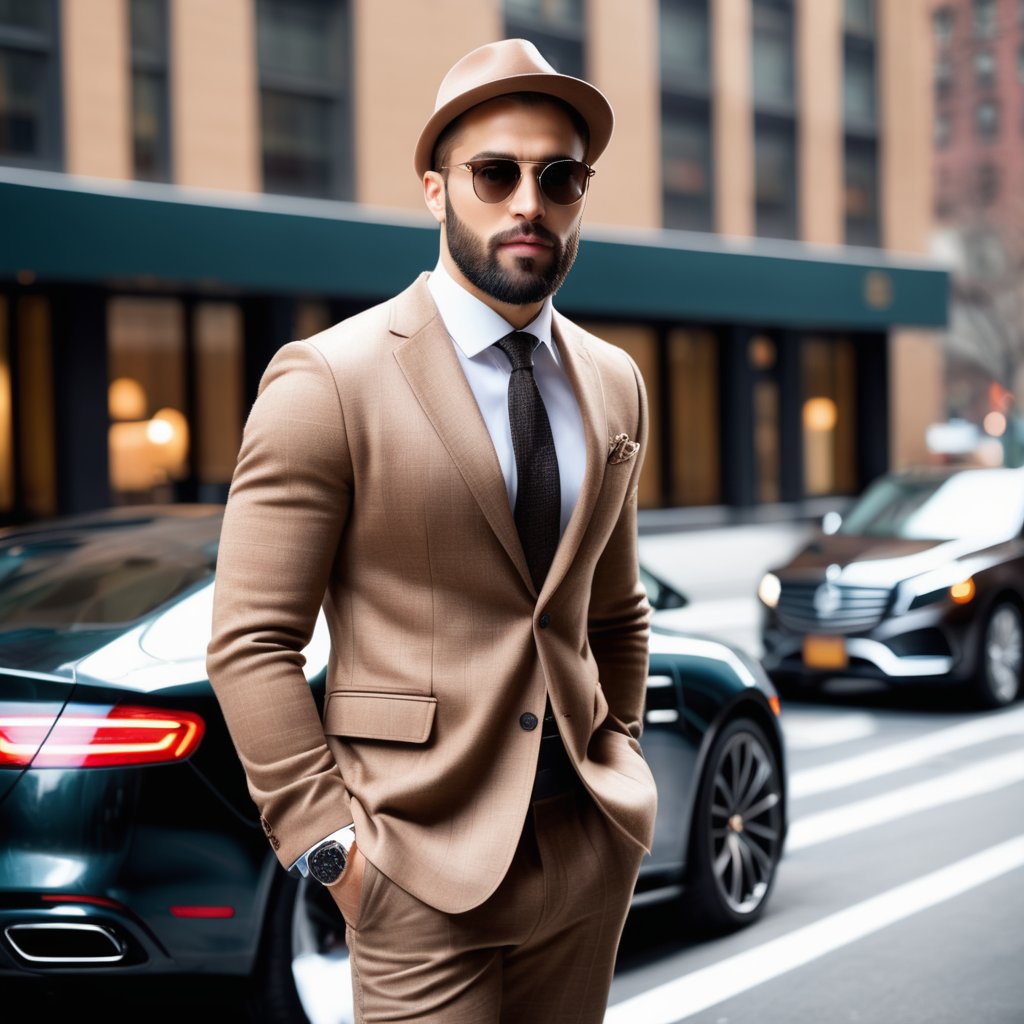 Male, handsome, average size, with beard, elegante, clear eyes, clear face,  putting on elegante  brown check sweater, brown material trousers, wearing sunglasses, putting on hat, elegante shoes, in action Position, beautiful hotel with luxury cars in New York background, expression, a mix of awe and mystery, Photography, using a DSLR with a 50mm lens at f/2.8, ultra accurate, ultra accurate detailed,  detailed, surrealism, realistic, very very clear picture,