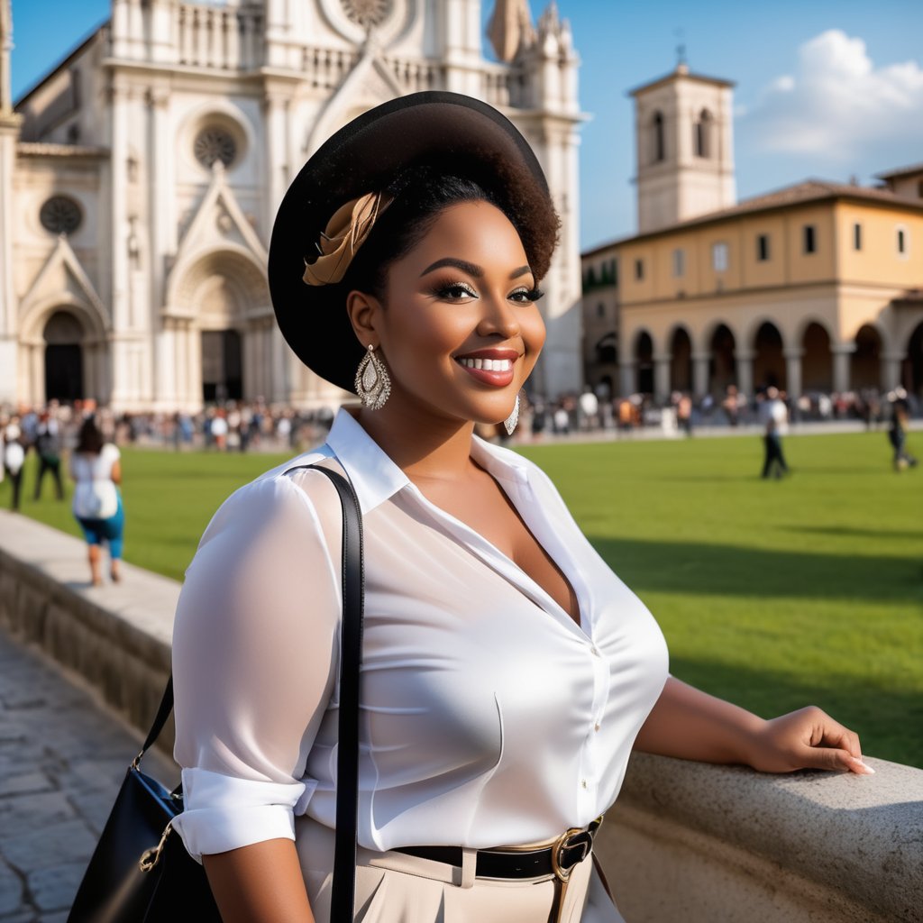 

 Brown skin Woman, pretty brown skin woman, plus size,  elegante, plus size curvy, clear eyes, clear face, smiling face,  putting on elegante  white silky shirt, black cloth trousers, putting on hat, black boot, holding designer bag, standing sidways,  in front of a cathedral, busy cathedral,  in Italy, standing sideways,
 expression, a mix of awe and mystery, Photography, using a DSLR with a 50mm lens at f/2.8, ultra accurate, ultra accurate detailed,  detailed, surrealism, realistic, 