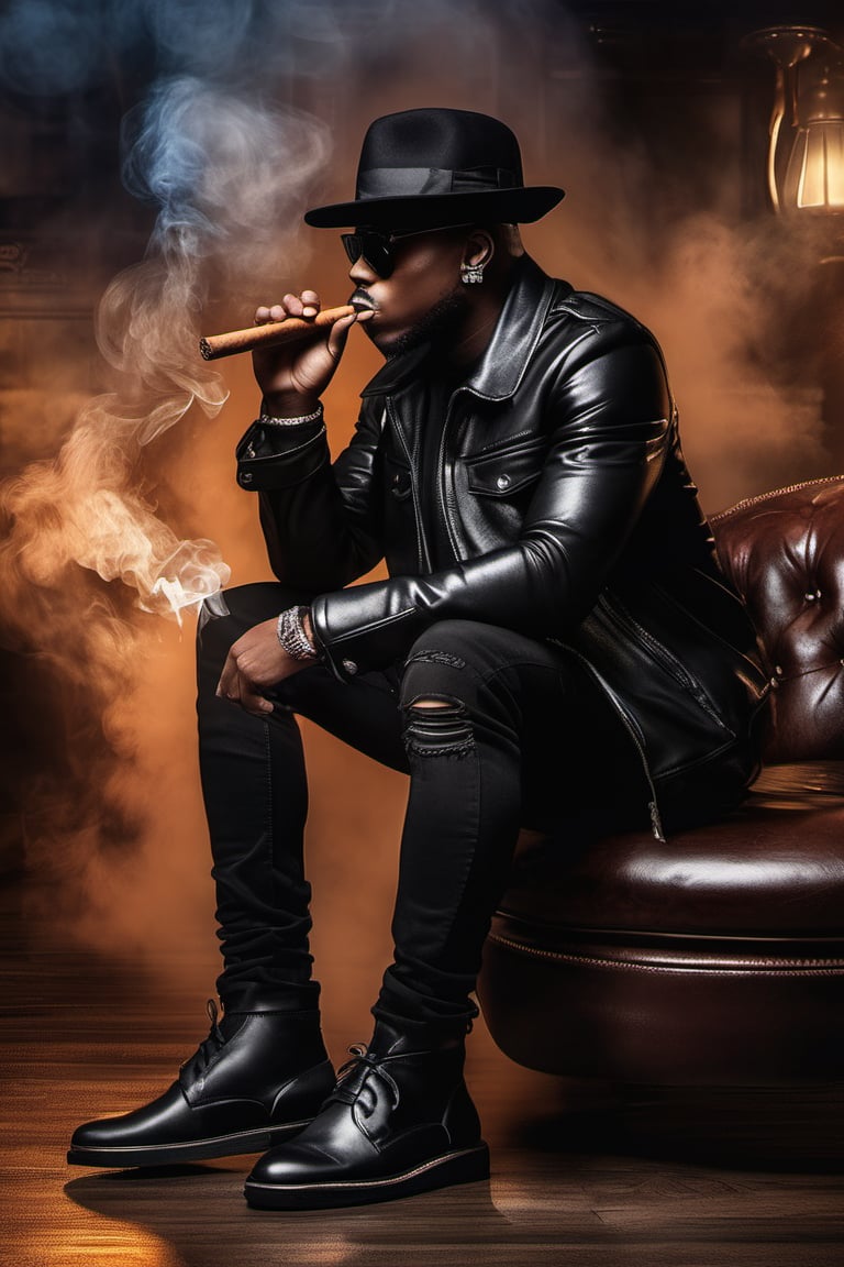 Hip hop rapper, black male, wearing black hat, black jacket, black shoes, smoking cigar, standing next to a leather sit,  64k, ultra detailed, ultra accurate detailed, surrealism, ultra realistic, 