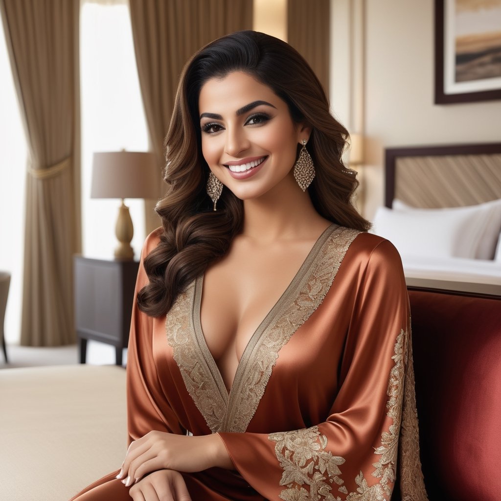 Produce a hyper-realistic photograph of a 30-year-old Arabic female, wearing a long satin caftan, hair scarf, smiling in a luxurious hotel suite. She is surrounded by luxurious furniture and decor, and her smile conveys a sense of indulgence and enjoyment. The photograph is highly detailed, with the intricate patterns and textures of the interior design creating a sense of elegance and refinement. range angle, 