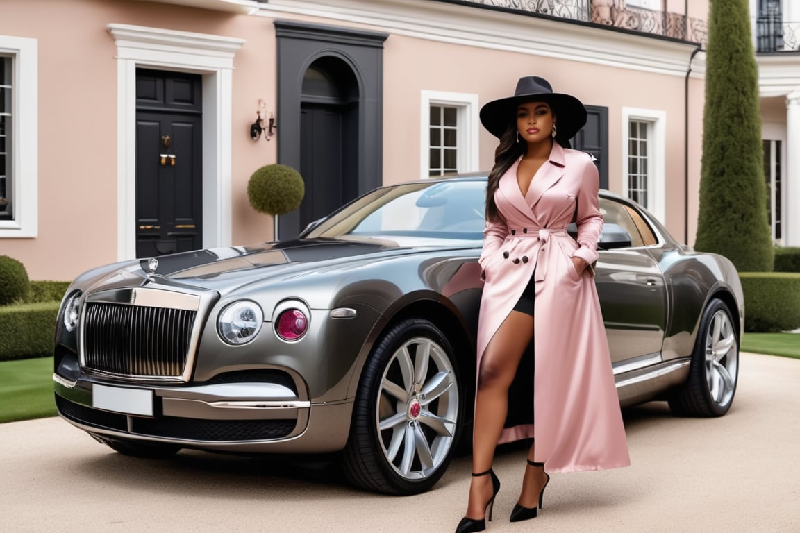 

 Brown skin Woman, pretty brown skin woman, elegante, big xxl size body,  big curvy, putting elegante light pink silky shirt, dark grey trench coat, dark trousers, a hat, dark grey boots, holding a hand bag,  stepping out a car, classic car,  in front of elegante luxurious house, real luxurious house,  real extra beautiful house,  ultra detailed, ultra accurate detailed, surrealism, realistic, 