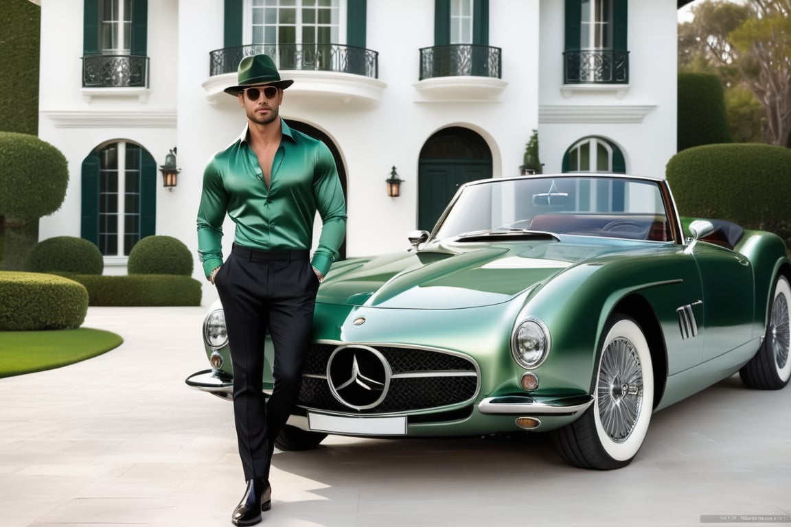 male, pretty handsome, elegante, putting elegante light green silky shirt, dark green trousers, a hat, dark green boots, stepping out a car, grey metallic car,  in front of elegante luxurious house, real luxurious house,  real extra beautiful house,  ultra detailed, ultra accurate detailed, surrealism, realistic, 