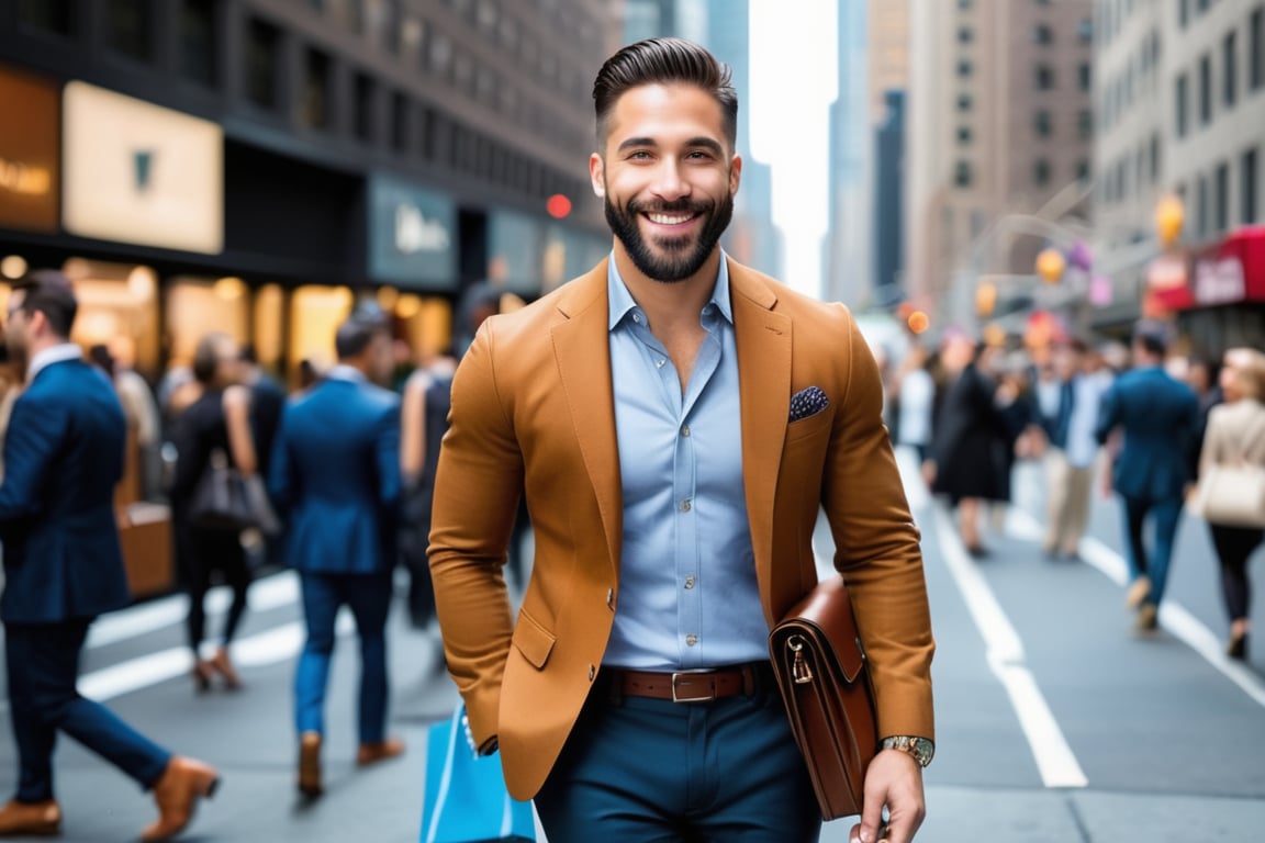 Male, clear eyes, clear face, beard, middle size body, smiling face, wearing brown Cocktail attire, elegante shoes, holding men's bag, in a busy street Newvyork, New york skyscraper background, looking backward over his shoulders, confident expression, a mix of awe and mystery, Photography, using a DSLR with a 50mm lens at f/2.8, ultra accurate, ultra accurate detailed, perfect detailed,  surrealism, realistic, real, extra real,