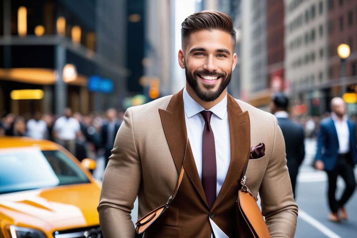 Male, clear eyes, clear face, beard, middle size body, smiling face, wearing brown Cocktail attire, elegante shoes, holding men's bag, in a busy street Newvyork, New york skyscraper background, looking backward over his shoulders, confident expression, a mix of awe and mystery, Photography, using a DSLR with a 50mm lens at f/2.8, ultra accurate, ultra accurate detailed, perfect detailed,  surrealism, realistic, real, extra real,