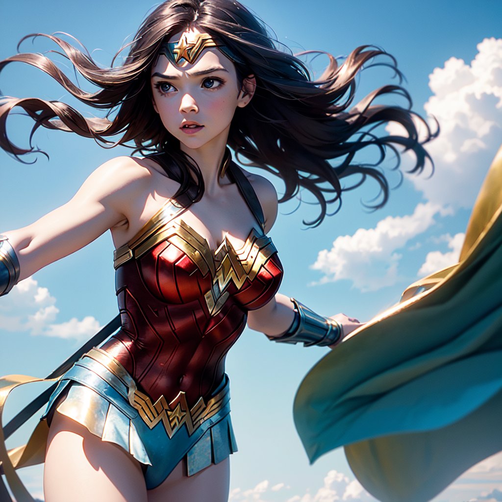 masterpiece, best quality, movie still, 1girl,floating in the sky, happy, inspirated in super wonder woman