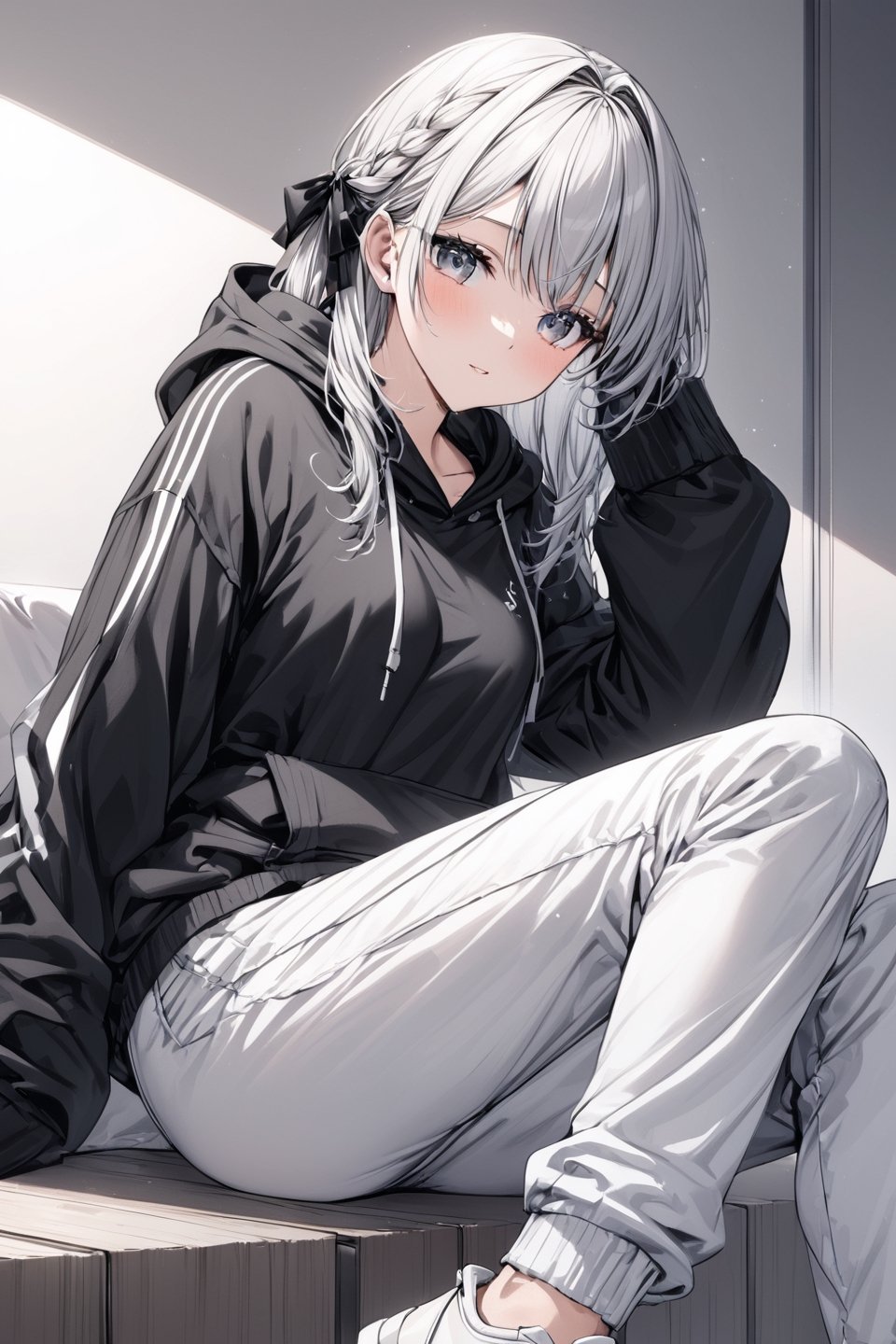 Extreme detailed, (masterful), indoors, simple background, BREAK claraval, 1girl, sitting, hoodie, black hoodie, sweatpants, long pants, long sleeves
