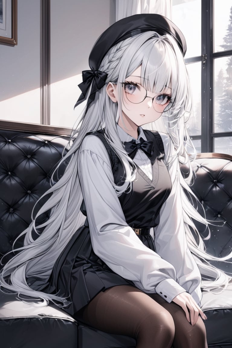 Extreme detailed, (masterful), 1girl, solo, long hair, looking at viewer, bangs, skirt, shirt, long sleeves, hat, jewelry, sitting, pantyhose, white hair, pleated skirt, parted lips, glasses, day, collared shirt, indoors, black skirt, necklace, sweater, lips, black pantyhose, window, black headwear, beret, couch, round eyewear, claraval,claraval