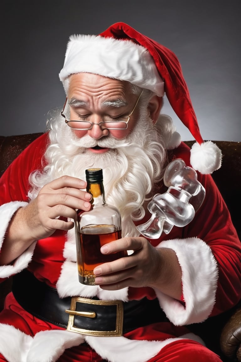 Santa Claus holding empty whiskey bottle, totally drunk, eyes falling asleep