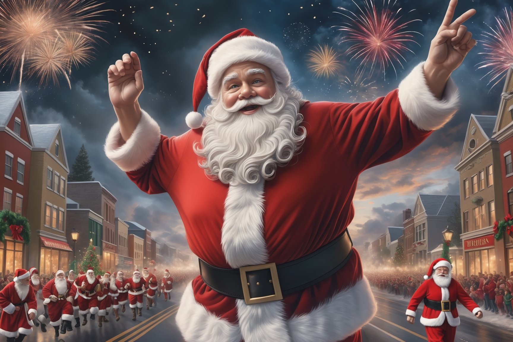 (masterpiece, photo realistic, ), Santa in a Christmas marathon finishing first crossing the finsih line below, magical,  fireworks, amazing scene, spectacular!!! , 