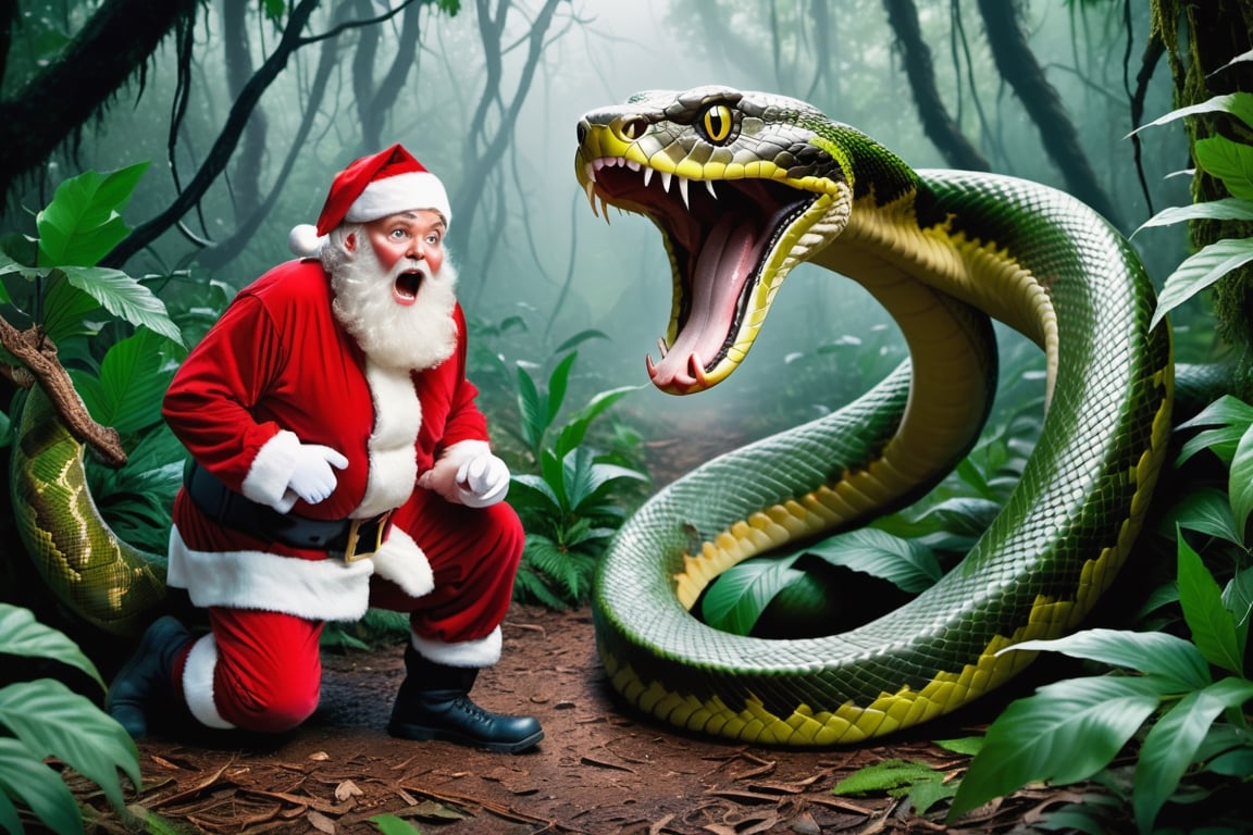 Santa is scared of a large snake, very freightened, scary and spooky, forest jungle, 