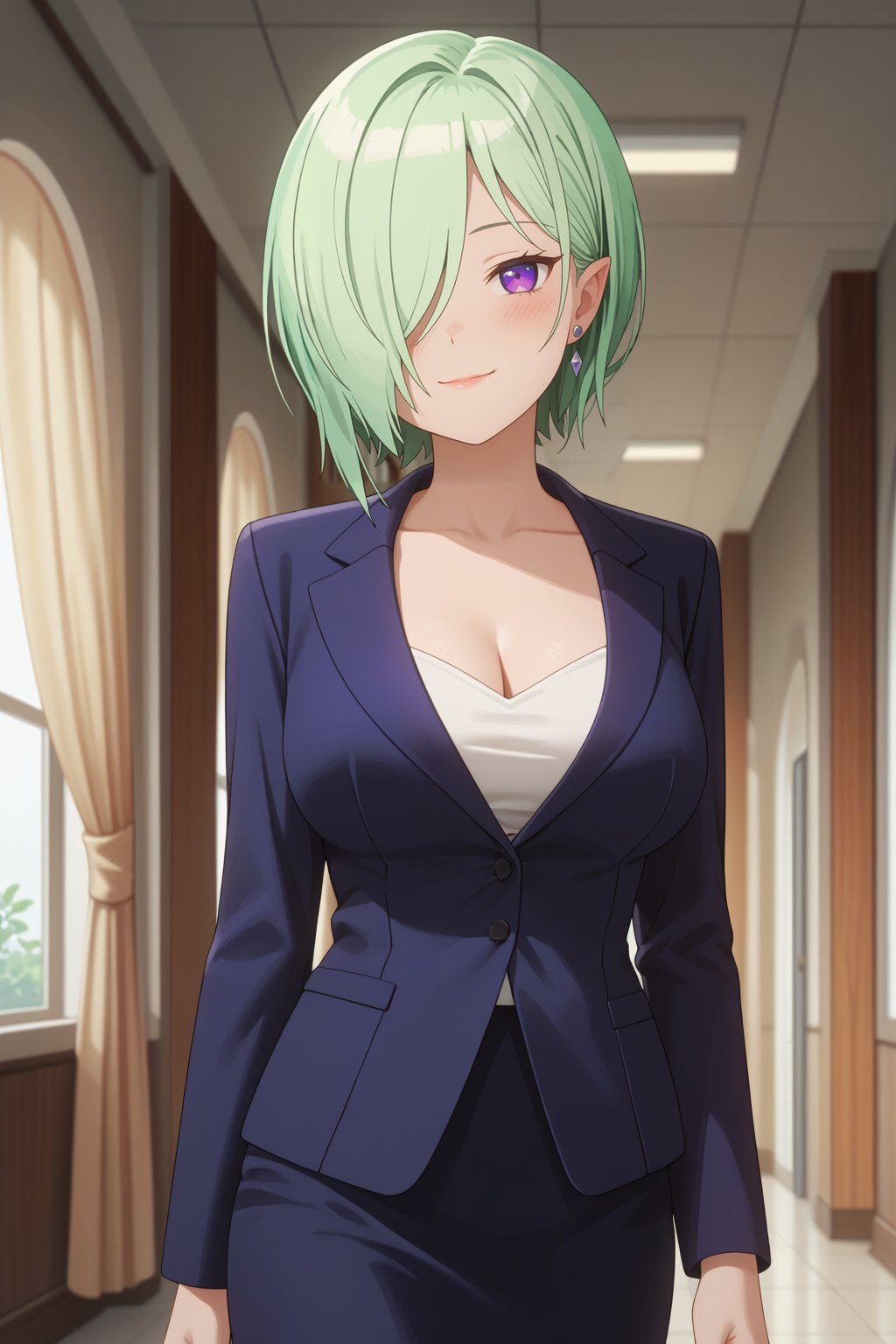 score_9, score_8_up, score_7_up, 1girl, solo,

druj, green hair, purple eyes, hair over one eye, pointy ears, sidelocks,

large breasts, jacket, long sleeves, cleavage, formal, suit, office lady, white shirt, earrings, jewelry, collarbone, black skirt, pantyhose, pencil skirt, skirt suit,

seductive gaze, bedroom eyes, looking at viewer, blush, closed mouth, smile,

daylight, indoors, curtains, hallway, cowboy shot,

,