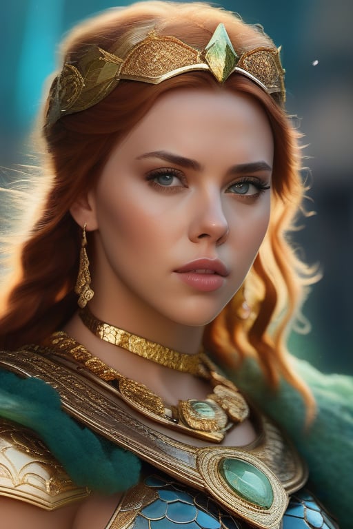 hyper realistic, ultra detailed photograph of Scarlett Johansson as a barbarian, ((Jade ocean:1.25)), golden jewelry, shiny, sunlight fractal details, (Anna Steinbauer:1.5), depth of field, HOF, hall of fame, detailed gorgeous face, apocalyptic environment, natural body posture, professional photographer, captured with professional DSLR camera, trending on Artstation, 64k, ultra detailed, ultra accurate detailed, bokeh lighting, surrealism, Thomas Kinkade background, urban, ultra unreal engine, ((Pauline Voß)), ((Pascal Quidault)), ((Anna Helme)), Martina Fackova, intricate, epic, freckles, peach fuzz, detailed mascara,lord of the rings (but careful with the word "lord"),Movie Still