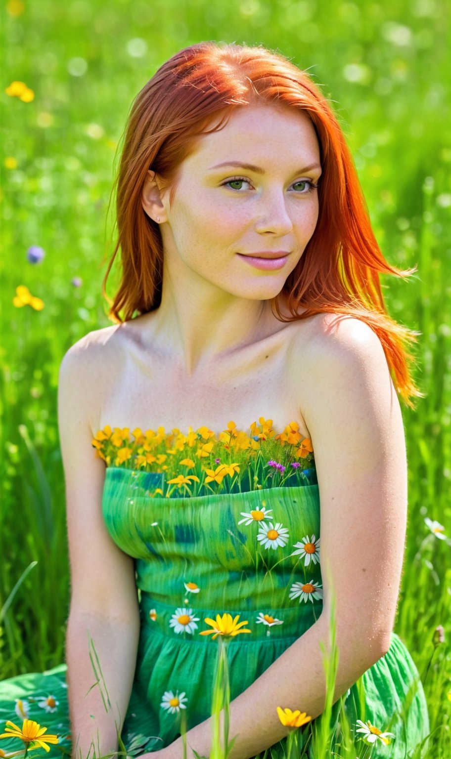 Radiant redhead in a lush green meadow, surrounded by wildflowers, natural sunlight, vibrant yet tranquil, captured in the vivid colors of an Impressionist painting