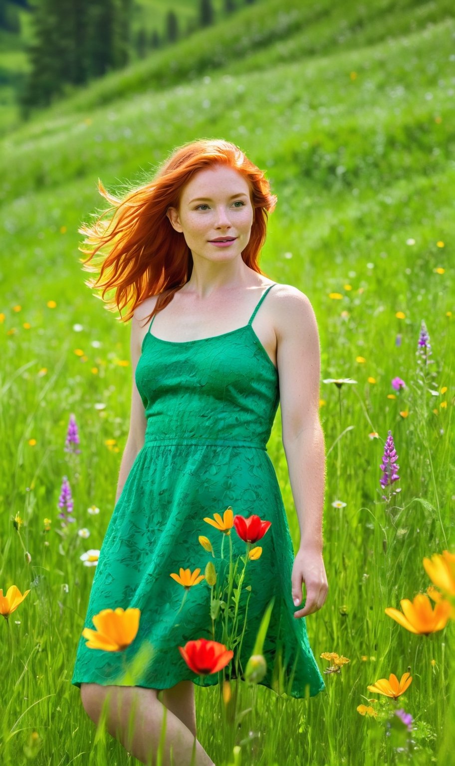 Radiant redhead in a lush green meadow, surrounded by wildflowers, natural sunlight, vibrant yet tranquil, captured in the vivid colors of an Impressionist painting