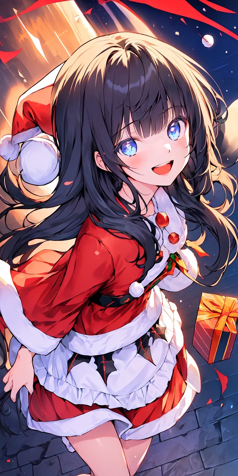 absurdres, highres, ultra detail background, (1 girl:1.3), (dynamic angle:1.4),
BREAK
(long straight hair, blunt bangs, black hair:1.2), (oversized santa outfit:1.2), light blue eyes, frown, (smile, open mouth :1.3), looking at viewer