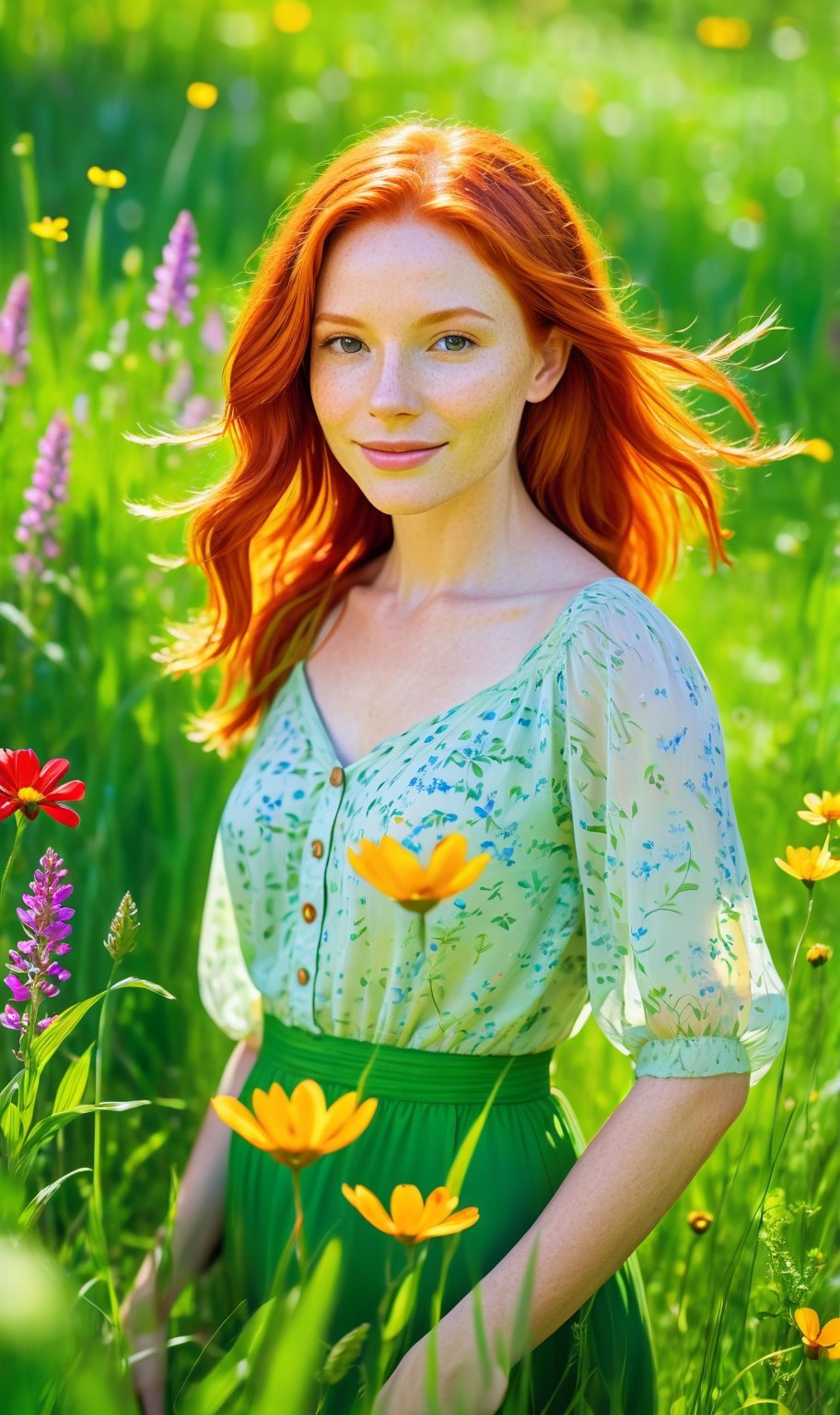 Radiant redhead in a lush green meadow, surrounded by wildflowers, natural sunlight, vibrant yet tranquil, captured in the vivid colors of an Impressionist painting