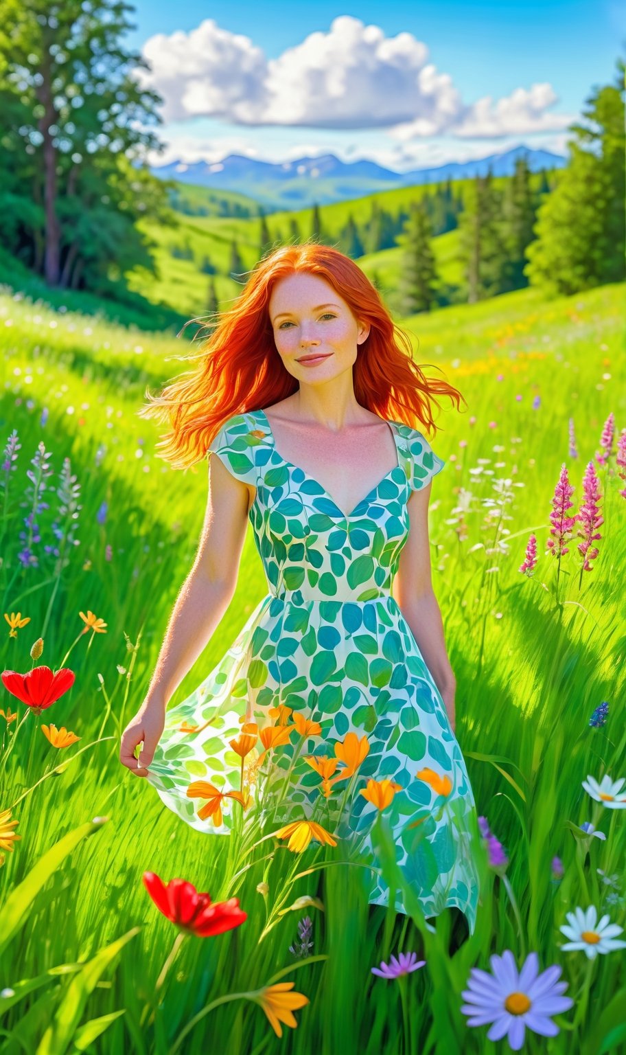 Radiant redhead in a lush green meadow, surrounded by wildflowers, natural sunlight, vibrant yet tranquil, captured in the vivid colors of an Impressionist painting