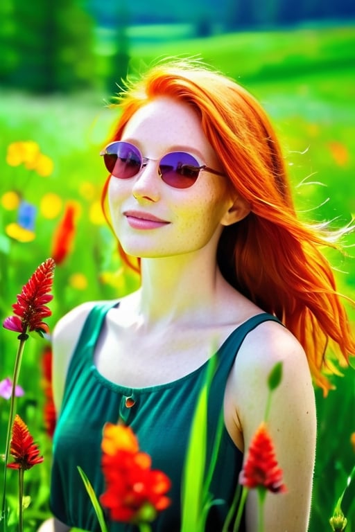 Radiant redhead in a lush green meadow, surrounded by wildflowers, natural sunlight, vibrant yet tranquil, captured in the vivid colors of an Impressionist painting
