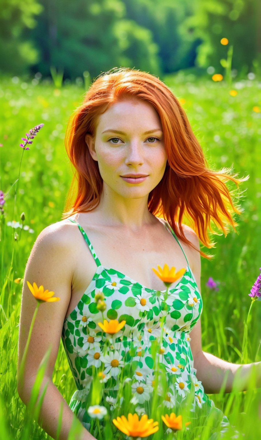 Radiant redhead in a lush green meadow, surrounded by wildflowers, natural sunlight, vibrant yet tranquil, captured in the vivid colors of an Impressionist painting